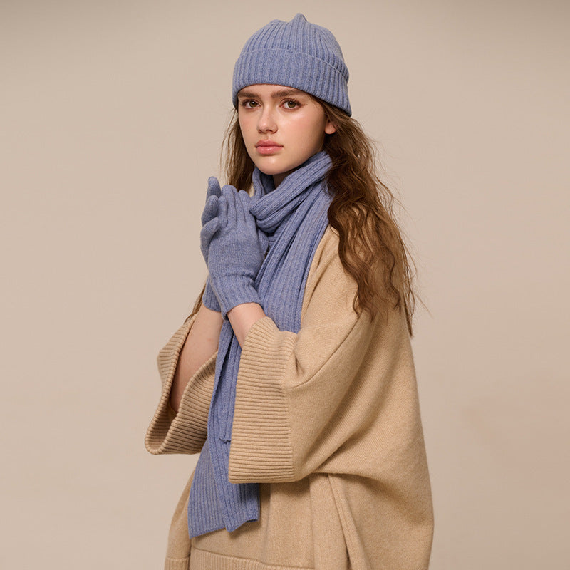 New Wool Scarf Hat Gloves Three Piece Set For Women