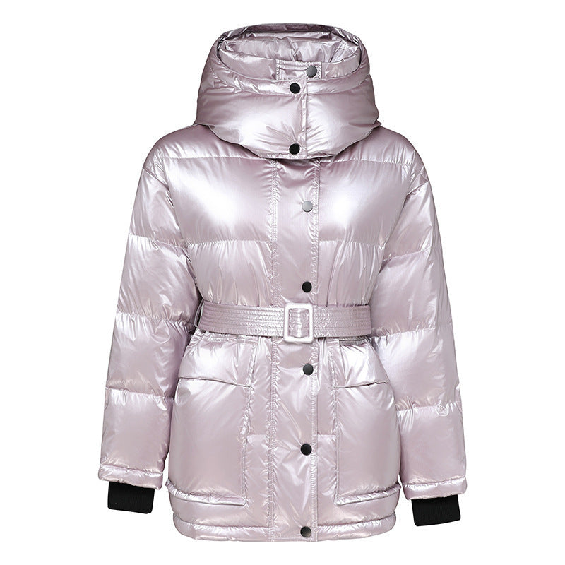 Winter Jacket Thick Mid length Waist White Duck Down Jackets Slim Belt Silver Shiny Parka Women Coat
