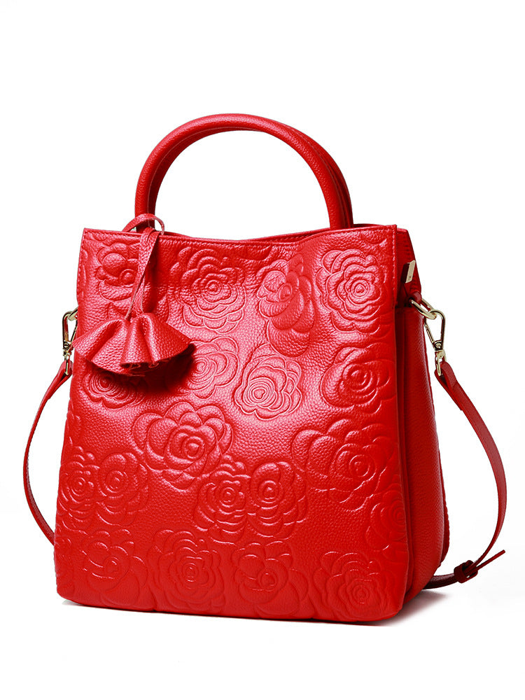 Genuine Leather Women's Bag Genuine Goods Cowhide Bag 2025 New Camellia Flower Handbag Fashion Large Bag Shoulder Crossbody Bag