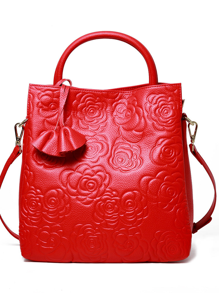 Genuine Leather Women's Bag Genuine Goods Cowhide Bag 2025 New Camellia Flower Handbag Fashion Large Bag Shoulder Crossbody Bag