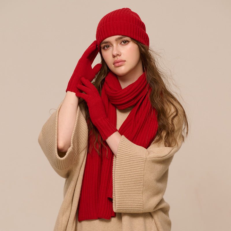 New Wool Scarf Hat Gloves Three Piece Set For Women