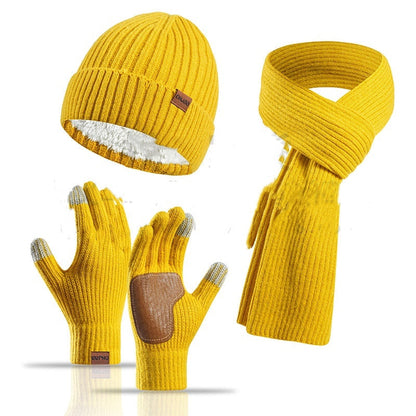 Winter Women's Wool Hat Scarf Gloves Plus Leather Non-slip Three Piece Set
