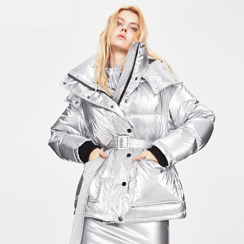 Winter Jacket Thick Mid length Waist White Duck Down Jackets Slim Belt Silver Shiny Parka Women Coat