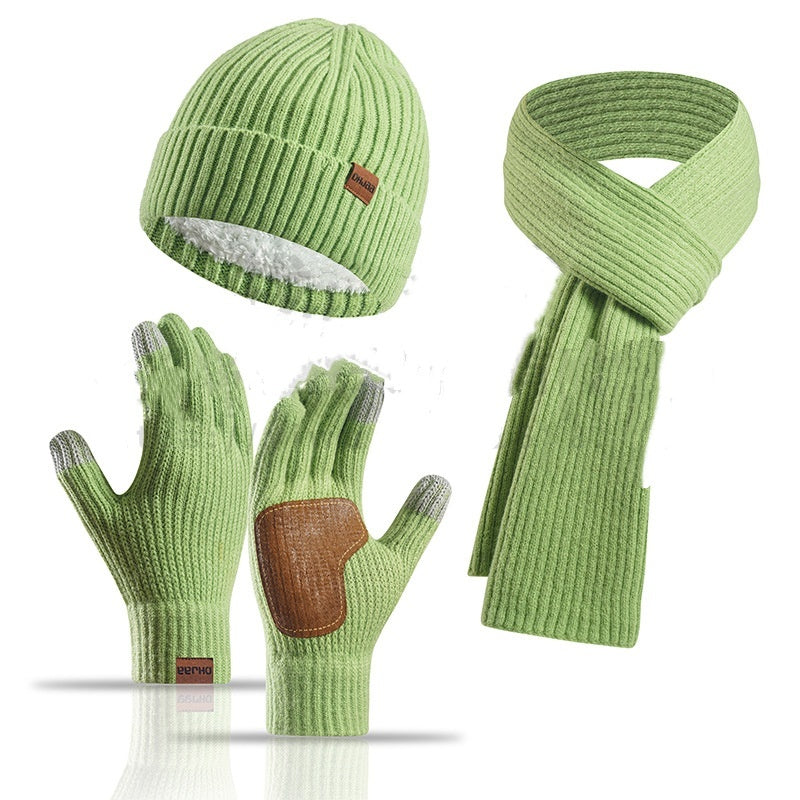 Winter Women's Wool Hat Scarf Gloves Plus Leather Non-slip Three Piece Set