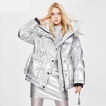 Winter Jacket Thick Mid length Waist White Duck Down Jackets Slim Belt Silver Shiny Parka Women Coat