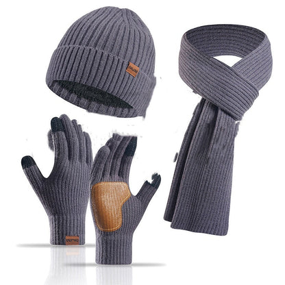 Winter Women's Wool Hat Scarf Gloves Plus Leather Non-slip Three Piece Set