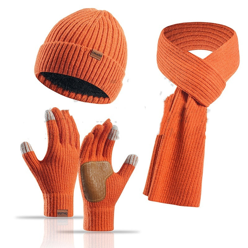 Winter Women's Wool Hat Scarf Gloves Plus Leather Non-slip Three Piece Set