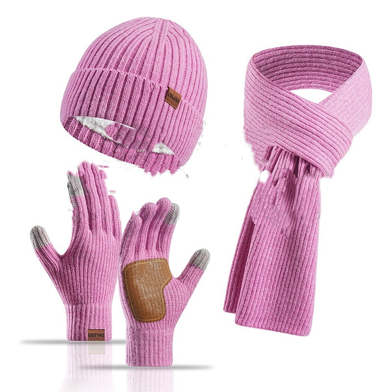 Winter Women's Wool Hat Scarf Gloves Plus Leather Non-slip Three Piece Set