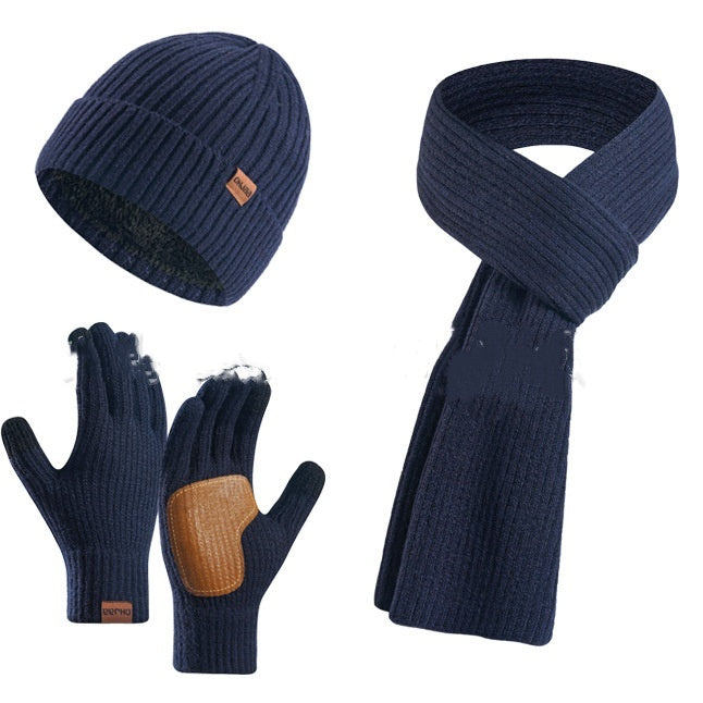 Winter Women's Wool Hat Scarf Gloves Plus Leather Non-slip Three Piece Set