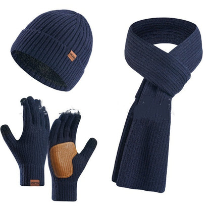 Winter Women's Wool Hat Scarf Gloves Plus Leather Non-slip Three Piece Set