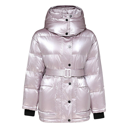 Winter Jacket Thick Mid length Waist White Duck Down Jackets Slim Belt Silver Shiny Parka Women Coat