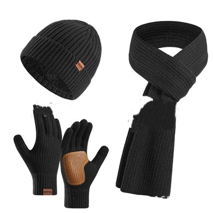 Winter Women's Wool Hat Scarf Gloves Plus Leather Non-slip Three Piece Set