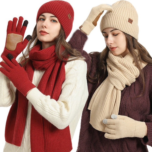 Winter Women's Wool Hat Scarf Gloves Plus Leather Non-slip Three Piece Set