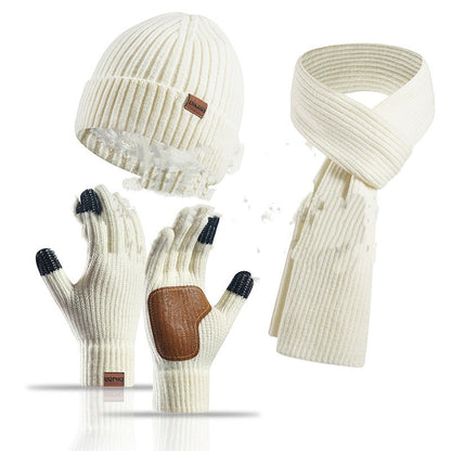 Winter Women's Wool Hat Scarf Gloves Plus Leather Non-slip Three Piece Set