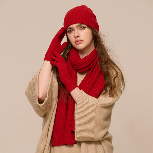 New Wool Scarf Hat Gloves Three Piece Set For Women