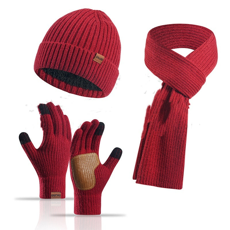Winter Women's Wool Hat Scarf Gloves Plus Leather Non-slip Three Piece Set