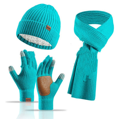 Winter Women's Wool Hat Scarf Gloves Plus Leather Non-slip Three Piece Set