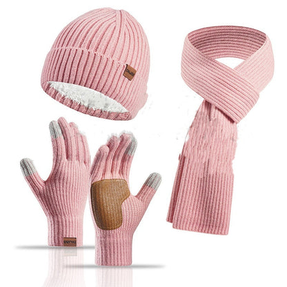 Winter Women's Wool Hat Scarf Gloves Plus Leather Non-slip Three Piece Set