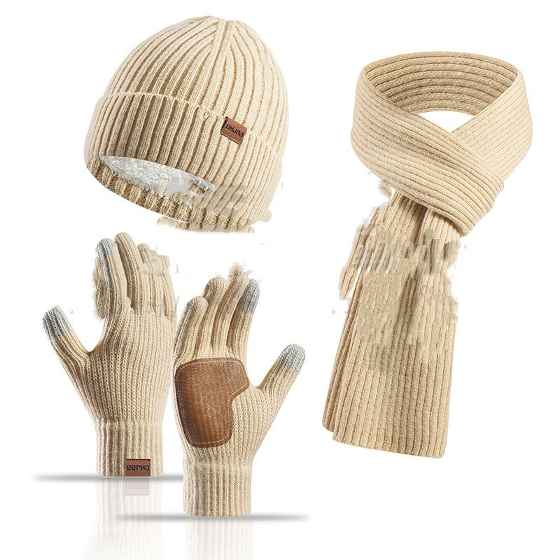 Winter Women's Wool Hat Scarf Gloves Plus Leather Non-slip Three Piece Set