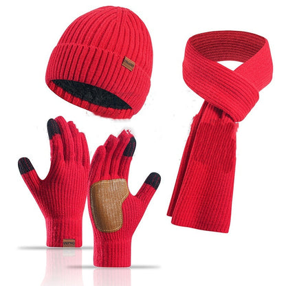 Winter Women's Wool Hat Scarf Gloves Plus Leather Non-slip Three Piece Set