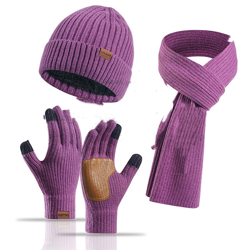 Winter Women's Wool Hat Scarf Gloves Plus Leather Non-slip Three Piece Set